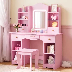 Kids Vanity with 3-Color Lights, Storage, Mirror